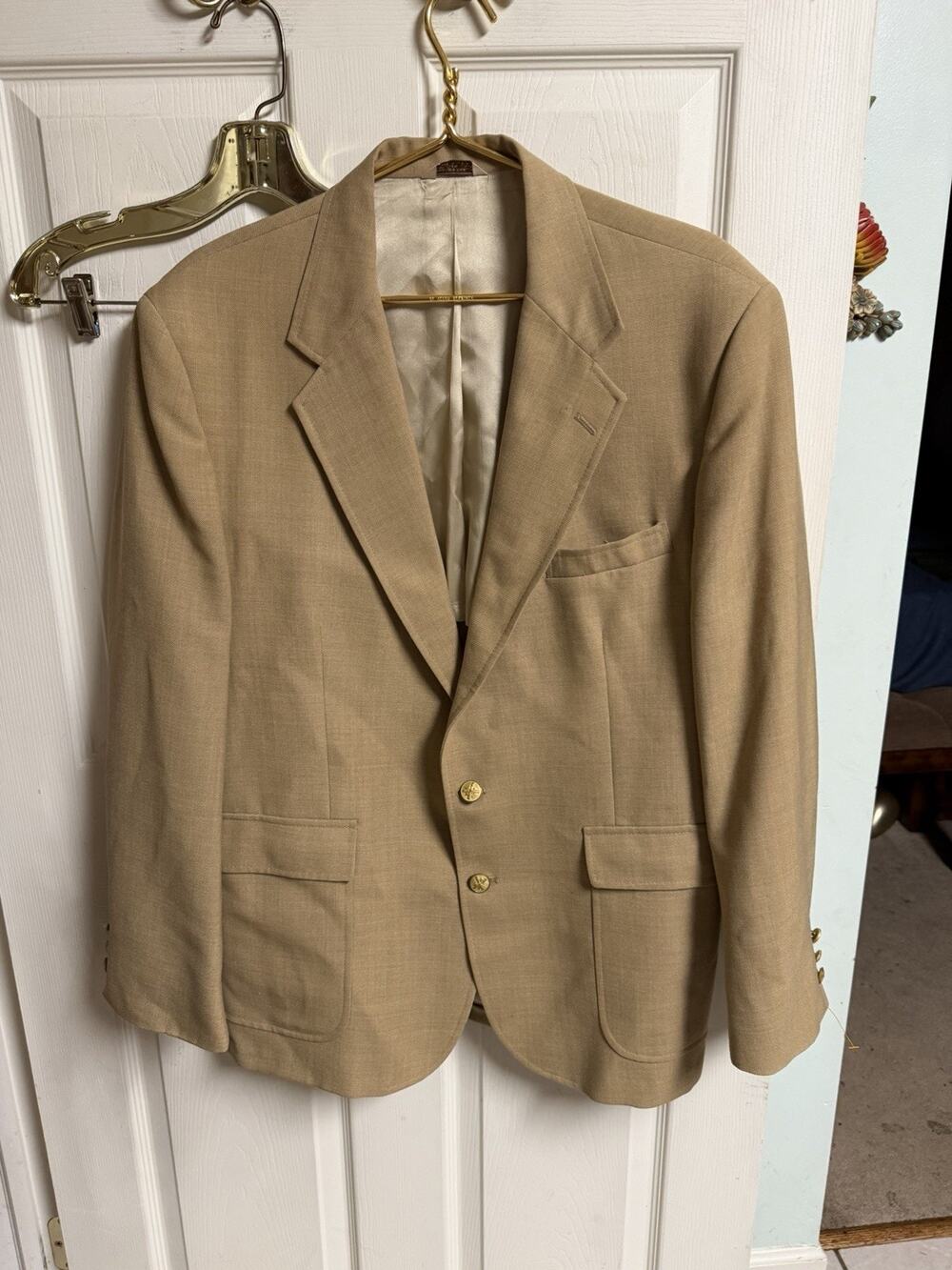 Wall Street Vnt 70s Blazer Jacket Mens 46r Tan Western Gold Metal Buttons Poly